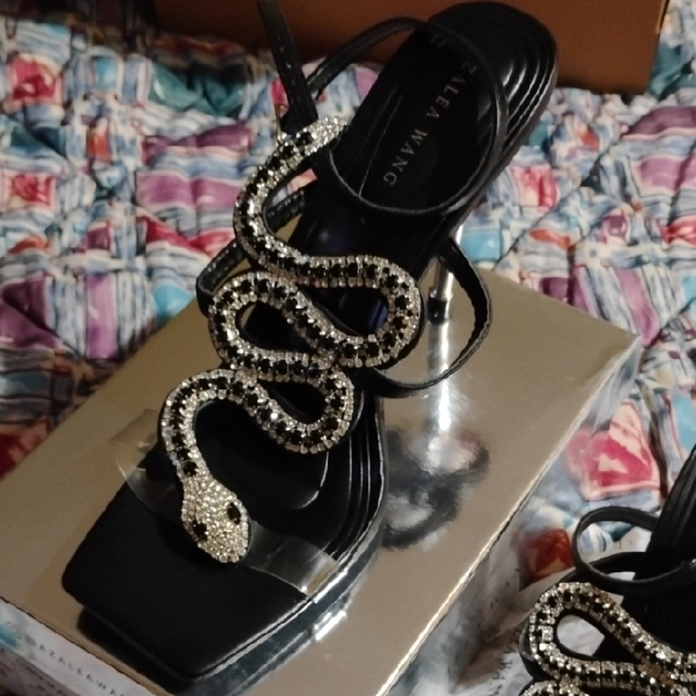 Black and Silver High Heels with Snake Embellishment